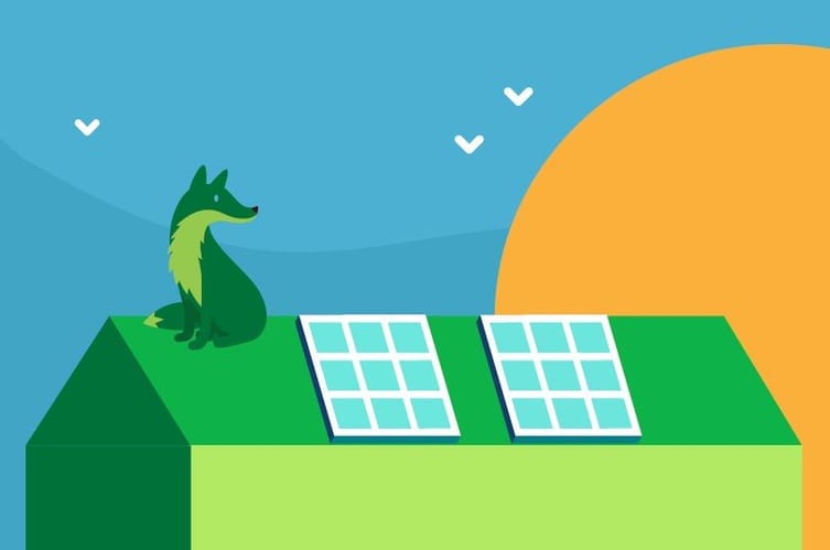 A cartoon of a green fox on the roof of a house with solar panels to show how they deliver savings for the home